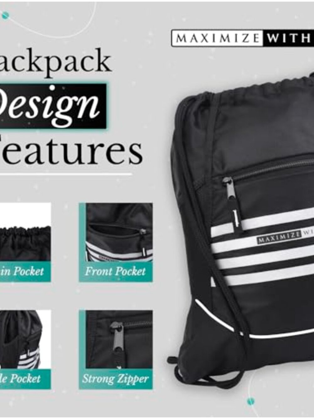 Water-Resistant Drawstring Sackpack Lightweight Gym Backpack Mesh Pockets - Picture 4 of 6